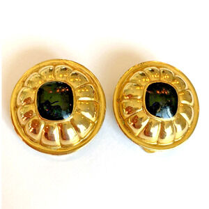 Vintage Clip On Earrings 1980’s Chunky Goldtone Rounds & Black Enamel Boss Lady
